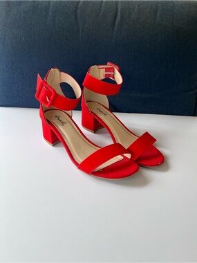 Women’s Qupid Red Block Low Heel Ankle Strap Sandals